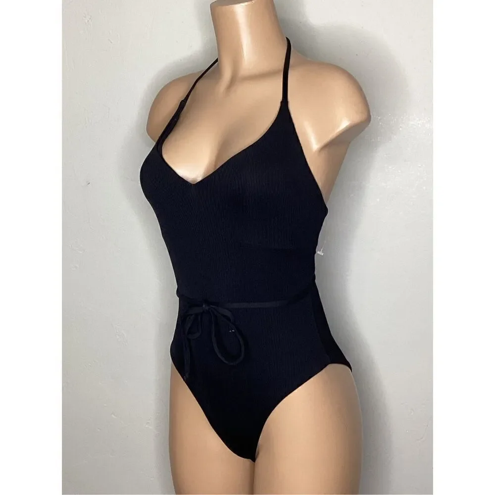 New. AQUA black ribbed v-neck. Medium . Retails $98